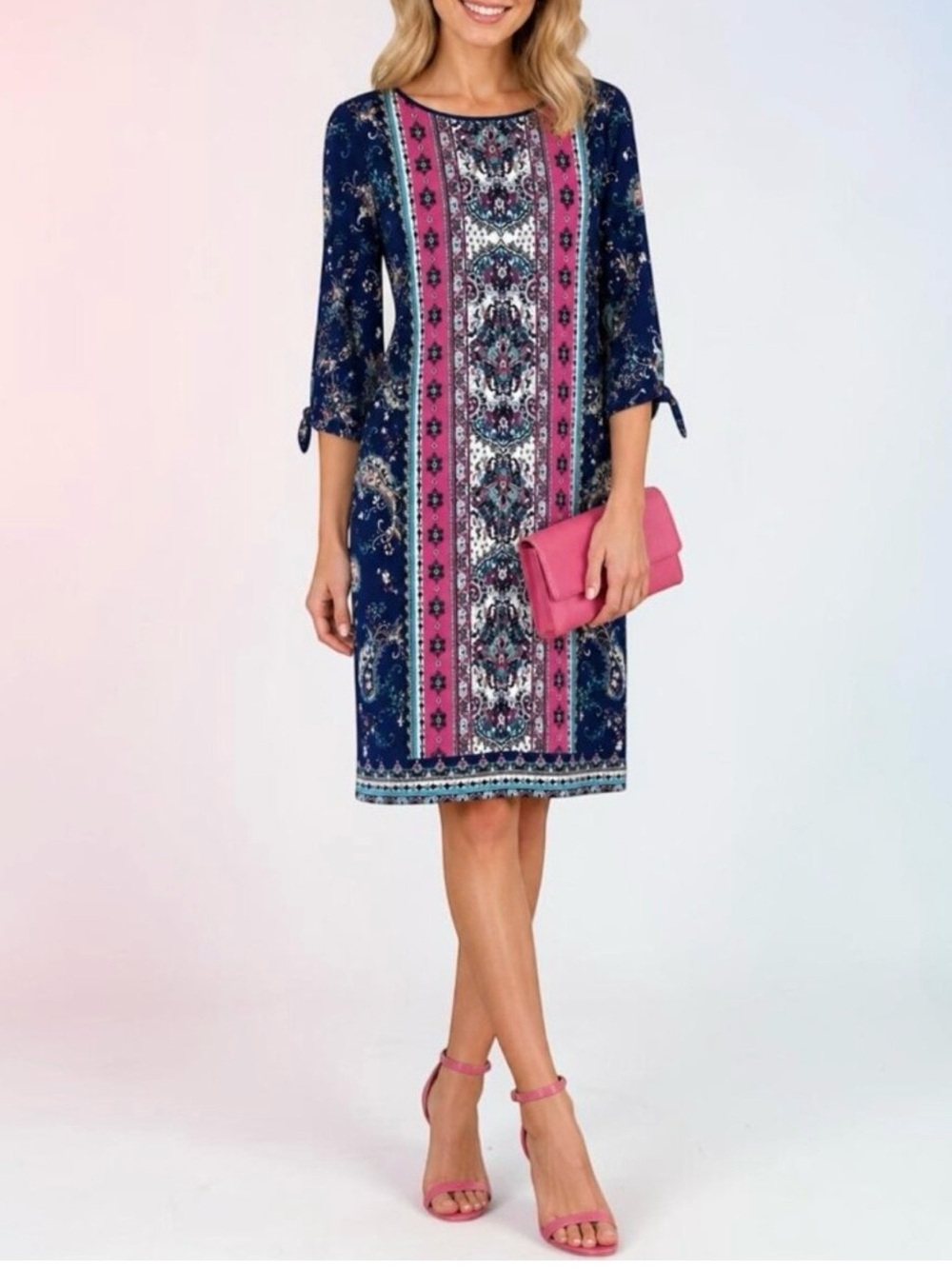 Chicos 1 Dress Size Medium Knee Length Shift Medallion Print Tie Sleeve Stretch